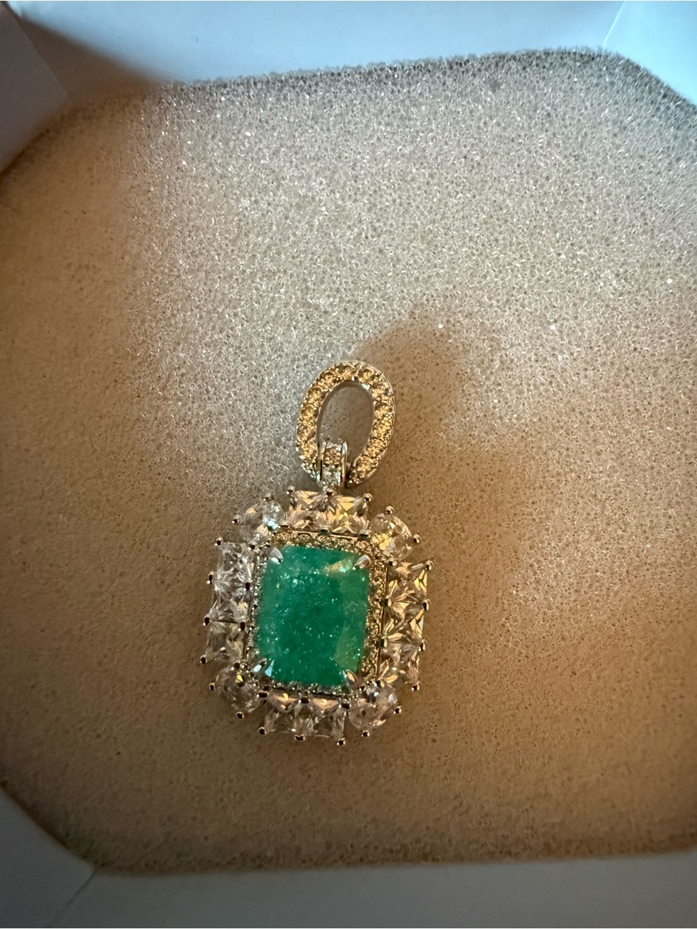 Green Cushion Gemstone Halo Pendant Necklace